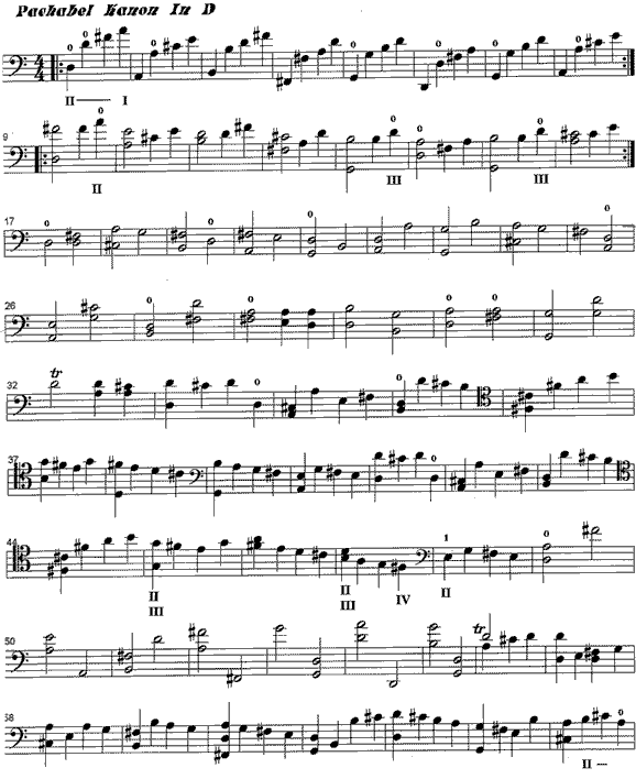 First page of Pachelbel's Canon in D, arranged for solo cello.